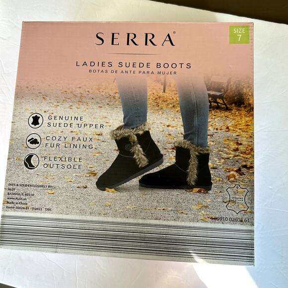 Serra Suede Leather Ankle Boots Size 7 NWT Navy Faux Fur Lining Button Comfort - Picture 13 of 14